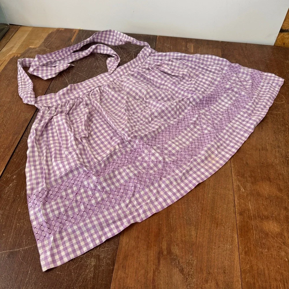 Vintage Purple Gingham Half Apron Hand Embroidered‎ Chicken Scratch Cross Stitch